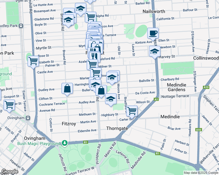 map of restaurants, bars, coffee shops, grocery stores, and more near 39 Prospect Road in Prospect