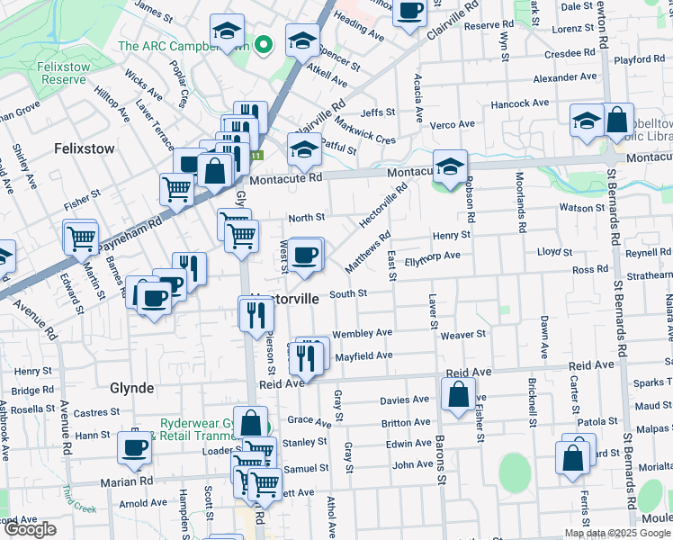 map of restaurants, bars, coffee shops, grocery stores, and more near 8 Amanda Street in Hectorville