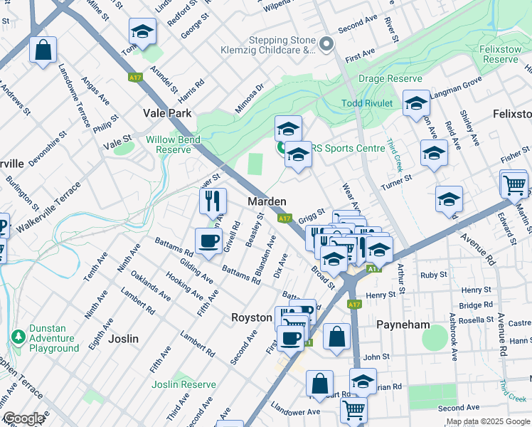 map of restaurants, bars, coffee shops, grocery stores, and more near 45 Broad Street in Marden
