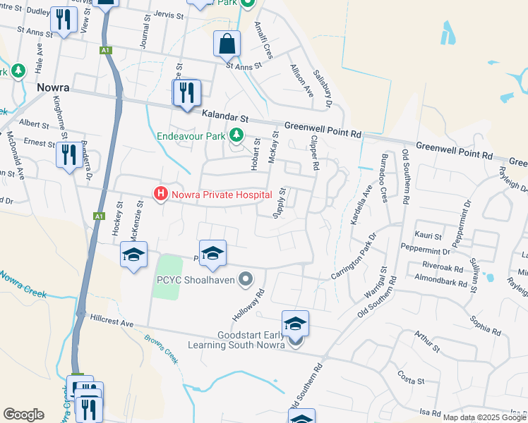 map of restaurants, bars, coffee shops, grocery stores, and more near 3 Supply Street in Nowra