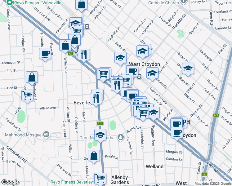 map of restaurants, bars, coffee shops, grocery stores, and more near 582 Port Road in Allenby Gardens