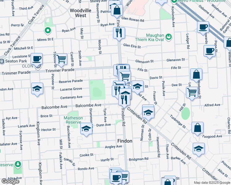 map of restaurants, bars, coffee shops, grocery stores, and more near 4 Bardia Avenue in Findon