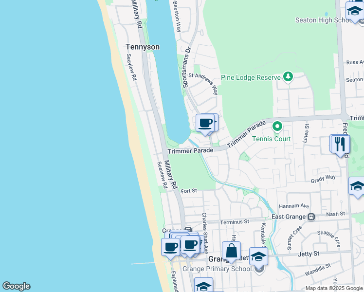 map of restaurants, bars, coffee shops, grocery stores, and more near 254 Trimmer Parade in West Lakes