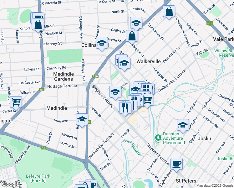 map of restaurants, bars, coffee shops, grocery stores, and more near 10A Church Terrace in Walkerville