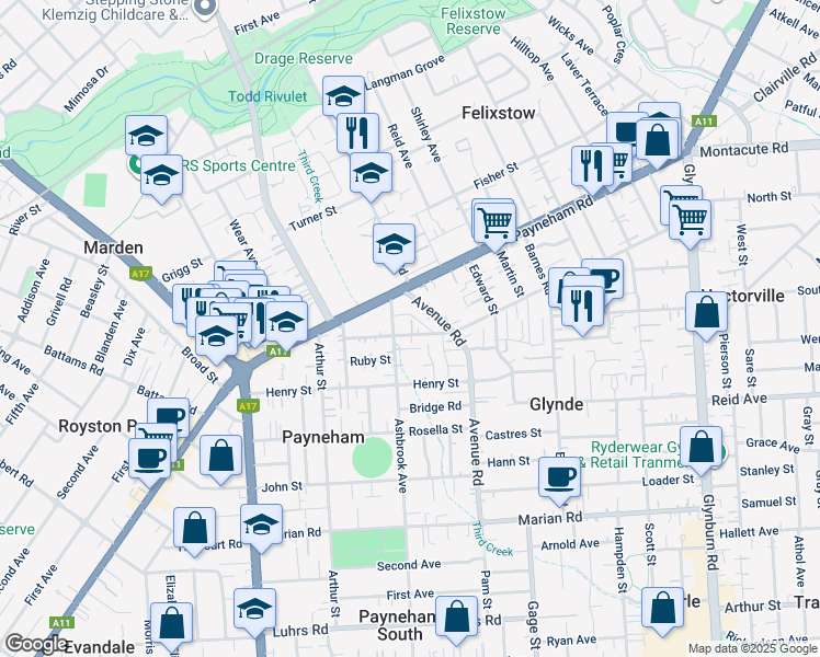 map of restaurants, bars, coffee shops, grocery stores, and more near 16 Lewis Road in Payneham