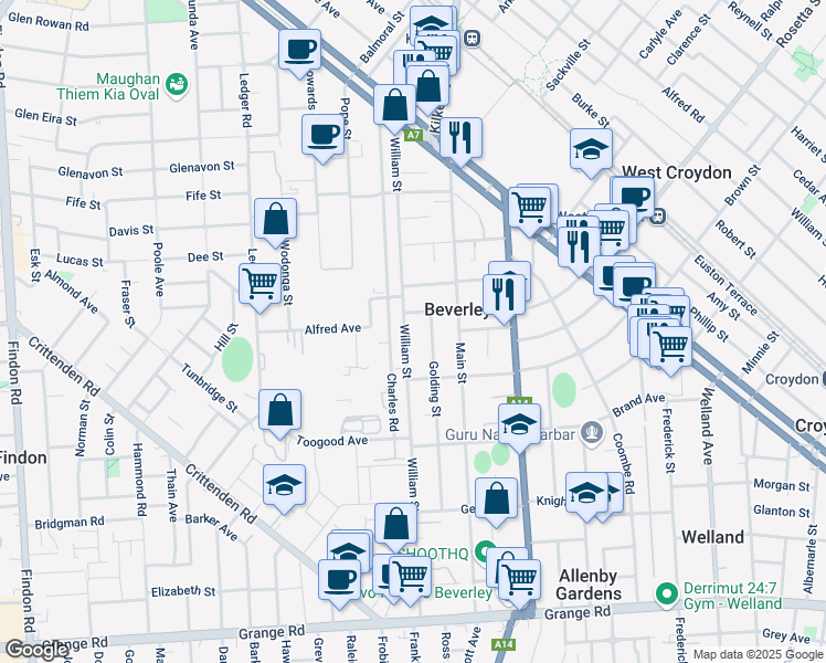 map of restaurants, bars, coffee shops, grocery stores, and more near 71 William Street in Beverley
