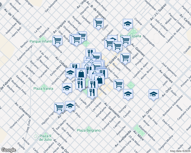 map of restaurants, bars, coffee shops, grocery stores, and more near 50 Avenida Soárez in Chivilcoy