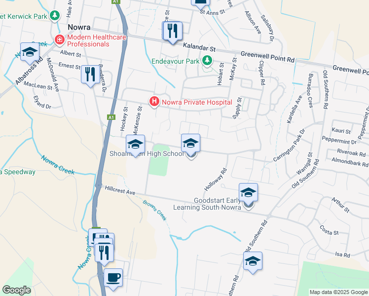 map of restaurants, bars, coffee shops, grocery stores, and more near Park Road in Nowra
