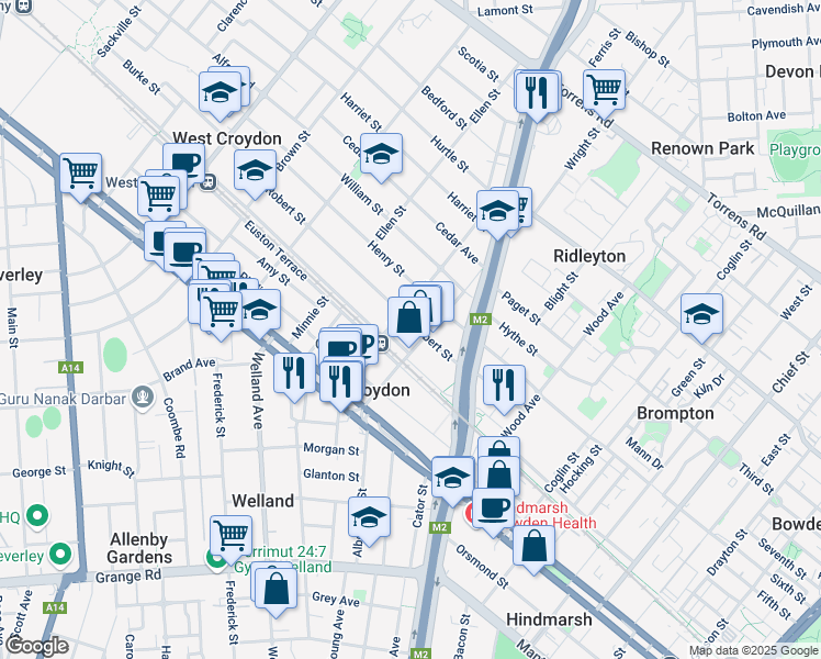 map of restaurants, bars, coffee shops, grocery stores, and more near 28 Robert Street in Croydon
