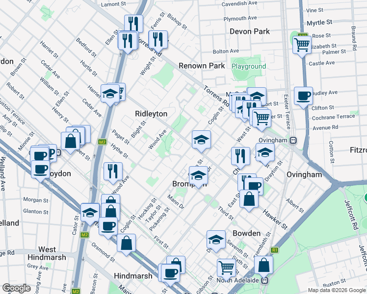 map of restaurants, bars, coffee shops, grocery stores, and more near 62 Hawker Street in Brompton