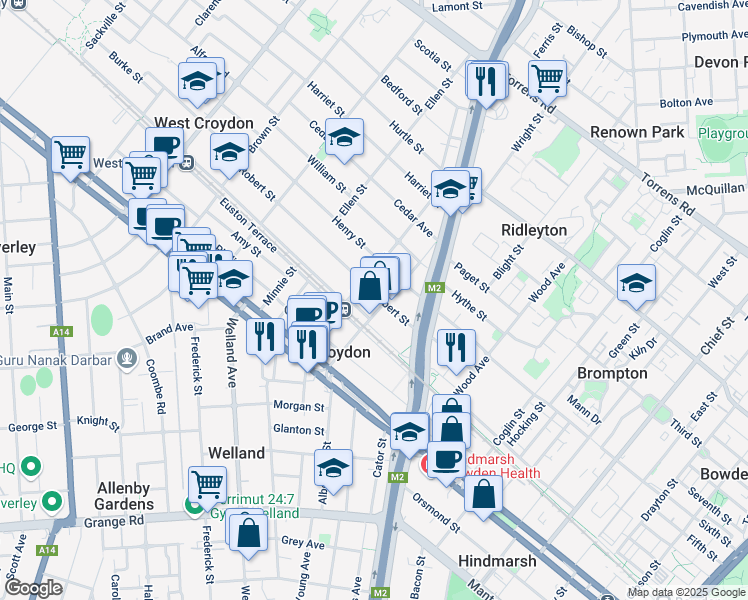 map of restaurants, bars, coffee shops, grocery stores, and more near 24 Robert Street in Croydon