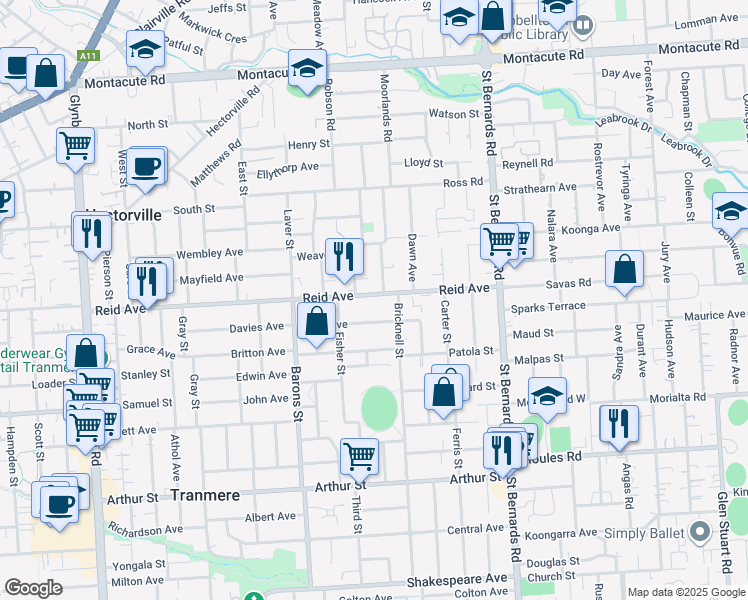 map of restaurants, bars, coffee shops, grocery stores, and more near 106 Reid Avenue in Magill