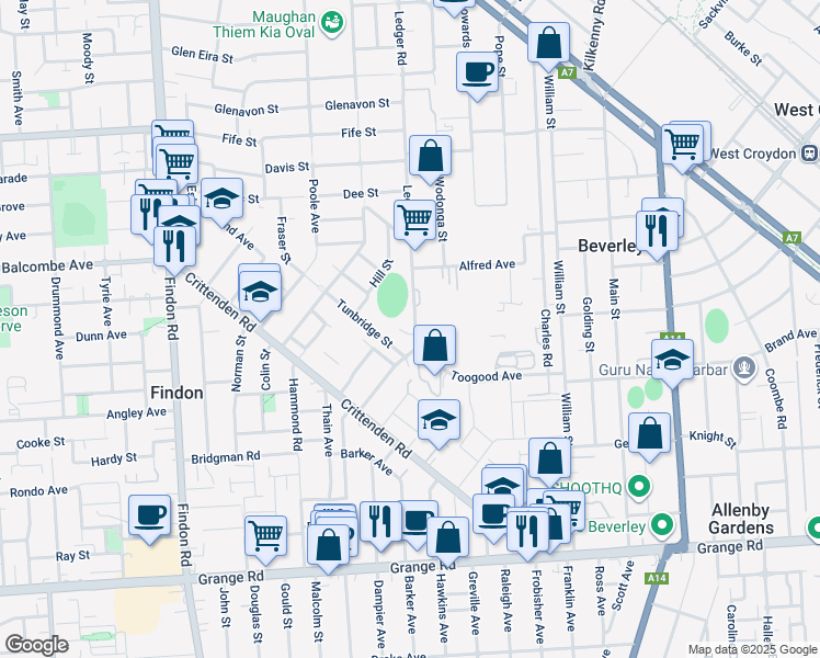 map of restaurants, bars, coffee shops, grocery stores, and more near 110 Ledger Road in Woodville South