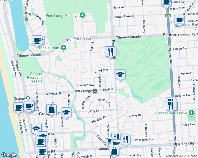 map of restaurants, bars, coffee shops, grocery stores, and more near 8B Rapson Street in Grange