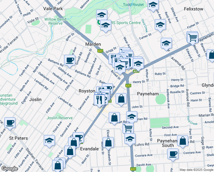 map of restaurants, bars, coffee shops, grocery stores, and more near 185 First Avenue in Royston Park