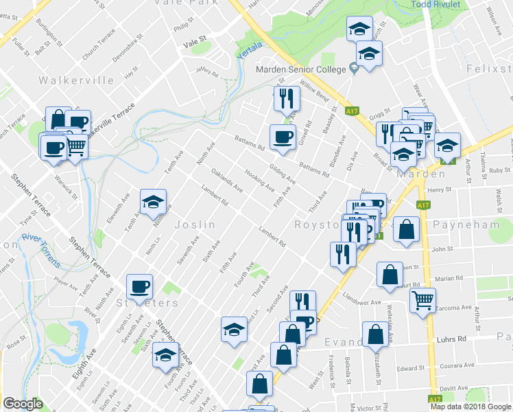 map of restaurants, bars, coffee shops, grocery stores, and more near 5A Oaklands Avenue in Royston Park