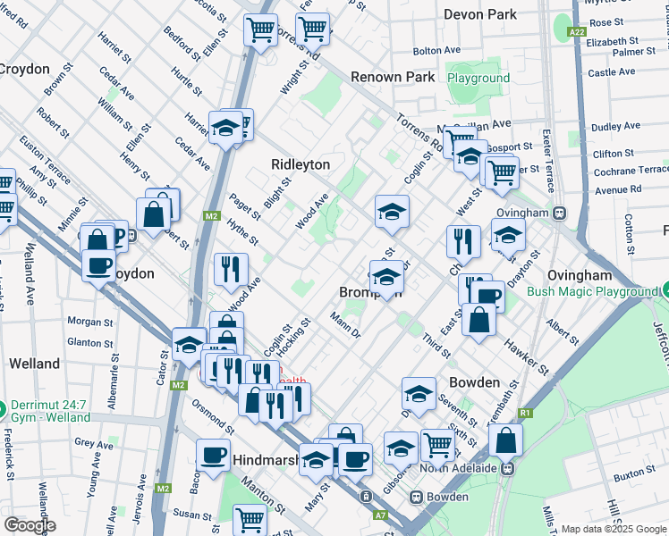 map of restaurants, bars, coffee shops, grocery stores, and more near 68 Coglin Street in Brompton