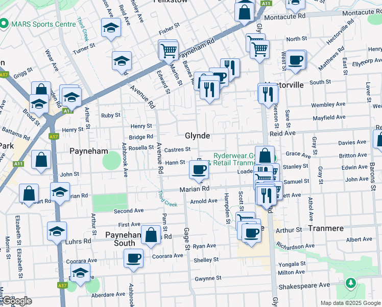 map of restaurants, bars, coffee shops, grocery stores, and more near 22 Castres Street in Glynde