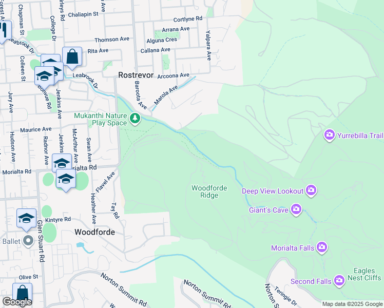 map of restaurants, bars, coffee shops, grocery stores, and more near Morialta Falls Road in Woodforde