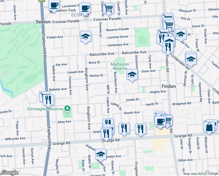 map of restaurants, bars, coffee shops, grocery stores, and more near 45 Mill Street in Findon