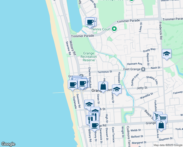 map of restaurants, bars, coffee shops, grocery stores, and more near 9 Terminus Street in Grange