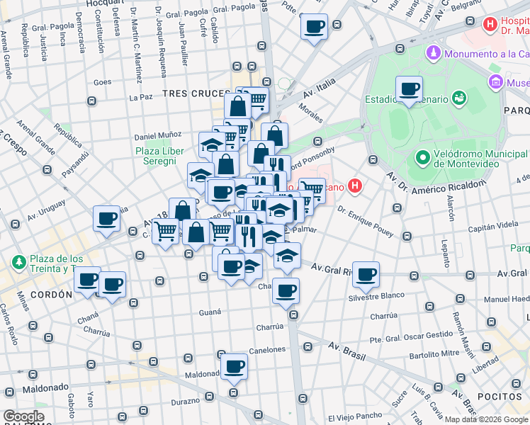 map of restaurants, bars, coffee shops, grocery stores, and more near 1494 Dr. Mario Cassinoni in Montevideo