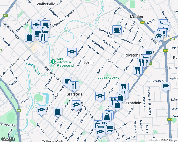 map of restaurants, bars, coffee shops, grocery stores, and more near 106 Sixth Avenue in Joslin