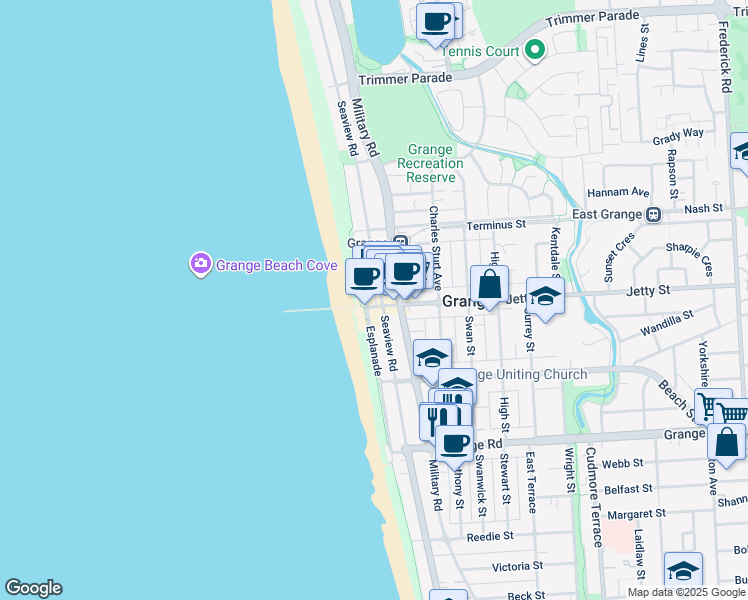 map of restaurants, bars, coffee shops, grocery stores, and more near 489 Esplanade in Grange