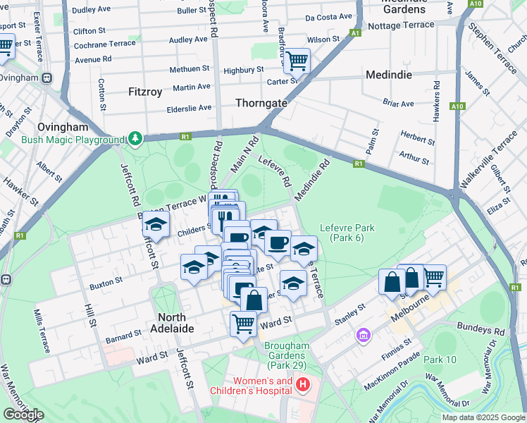 map of restaurants, bars, coffee shops, grocery stores, and more near Barton Terrace East in North Adelaide