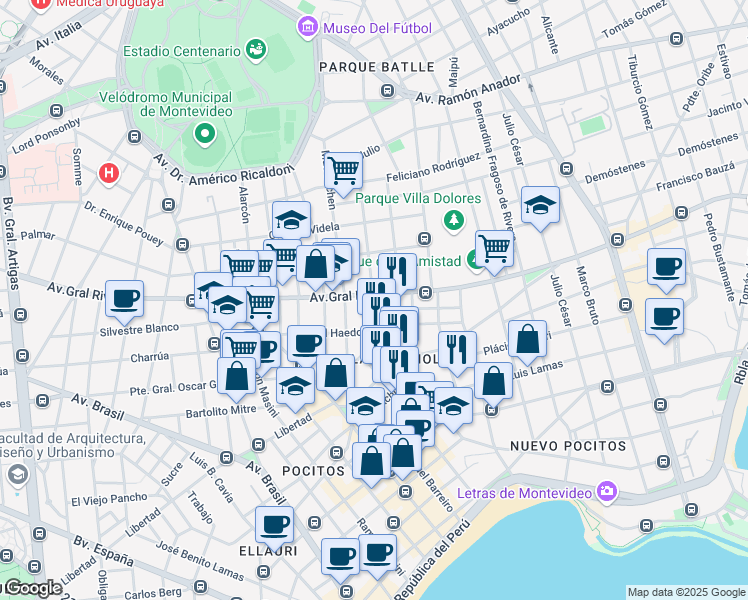 map of restaurants, bars, coffee shops, grocery stores, and more near 2235 14 de Julio in Montevideo