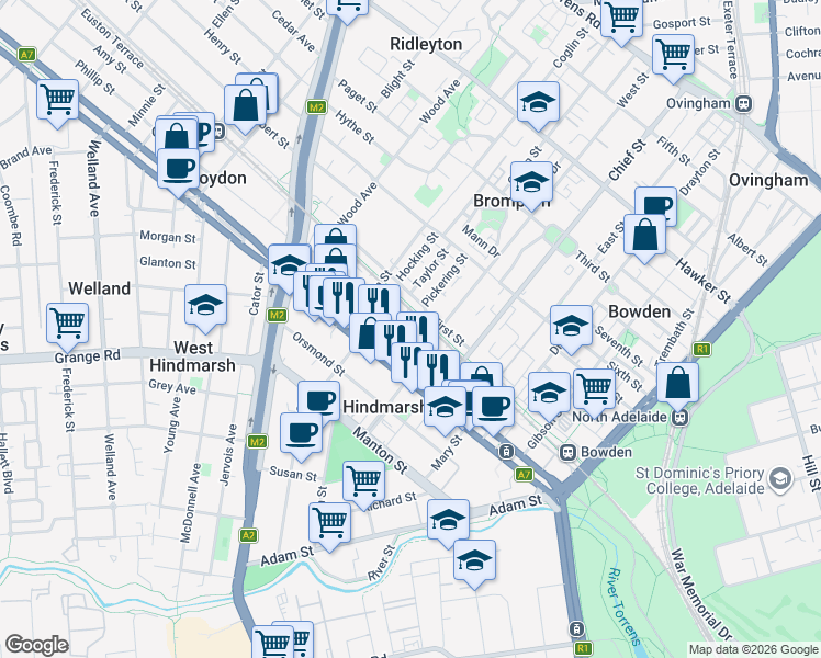 map of restaurants, bars, coffee shops, grocery stores, and more near in West Hindmarsh