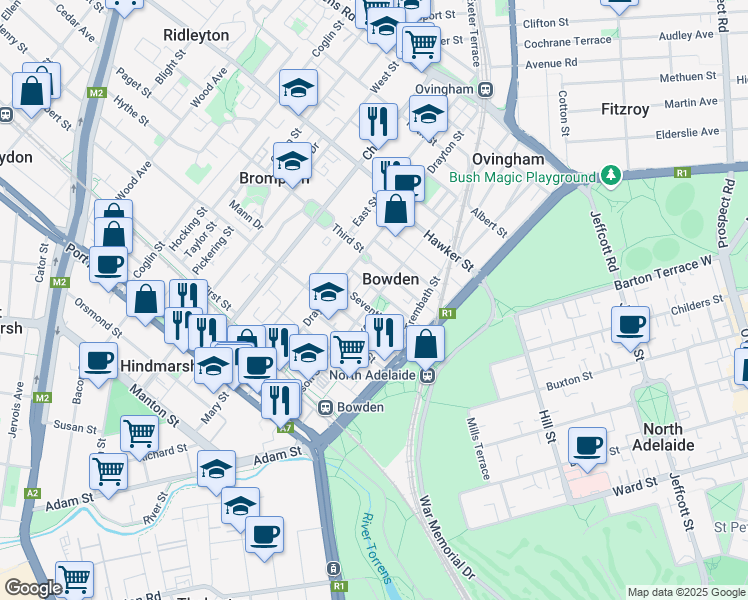 map of restaurants, bars, coffee shops, grocery stores, and more near Gibson Street in Bowden