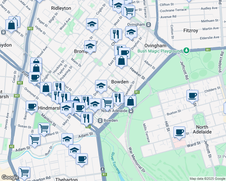 map of restaurants, bars, coffee shops, grocery stores, and more near Gibson Street in Bowden