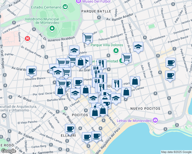 map of restaurants, bars, coffee shops, grocery stores, and more near 2235 14 de Julio in Montevideo