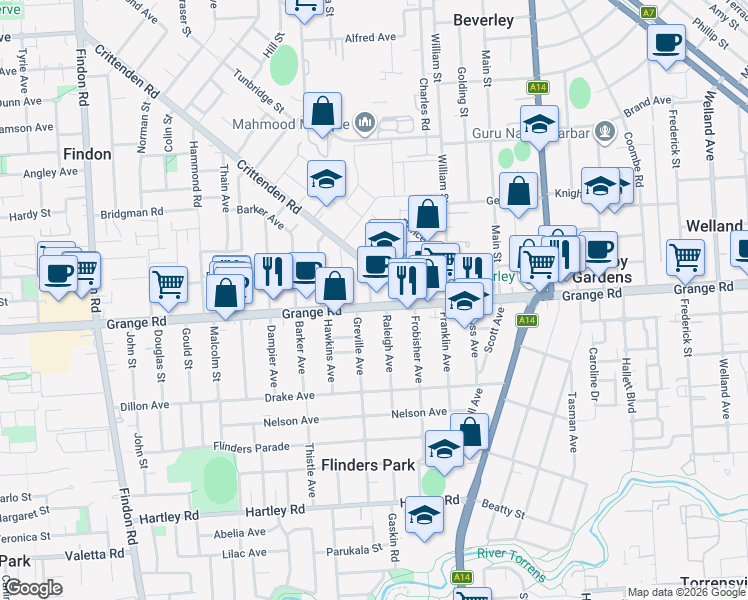 map of restaurants, bars, coffee shops, grocery stores, and more near 203 Grange Road in Findon