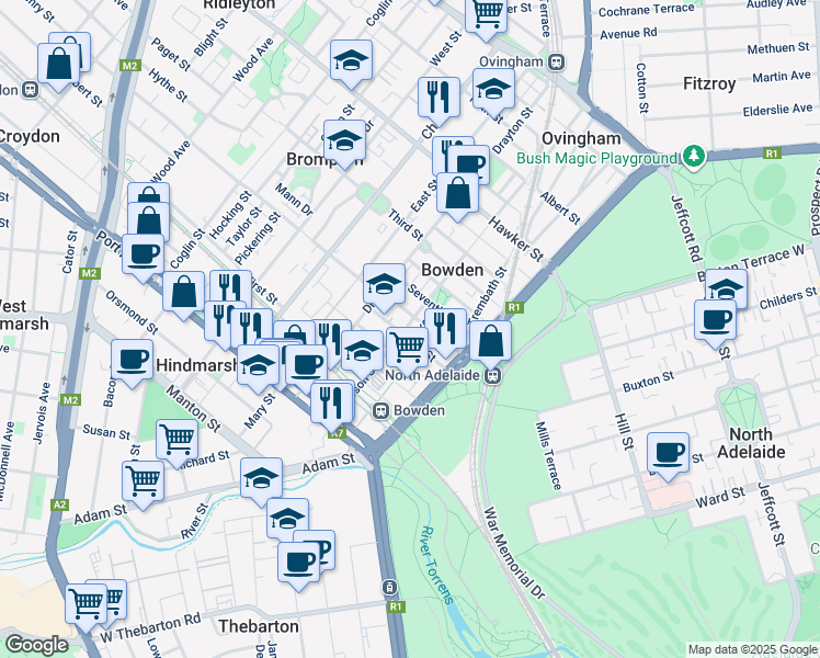 map of restaurants, bars, coffee shops, grocery stores, and more near 53 Gibson Street in Bowden