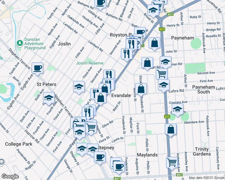 map of restaurants, bars, coffee shops, grocery stores, and more near 200 Payneham Road in Evandale