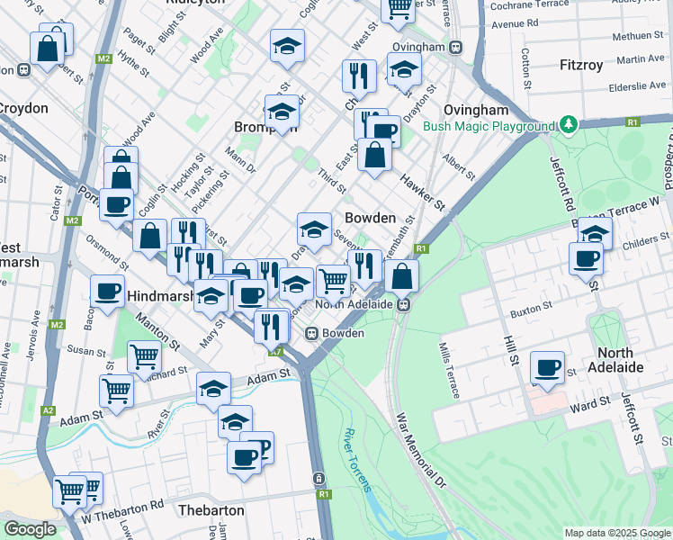 map of restaurants, bars, coffee shops, grocery stores, and more near 53 Gibson Street in Bowden