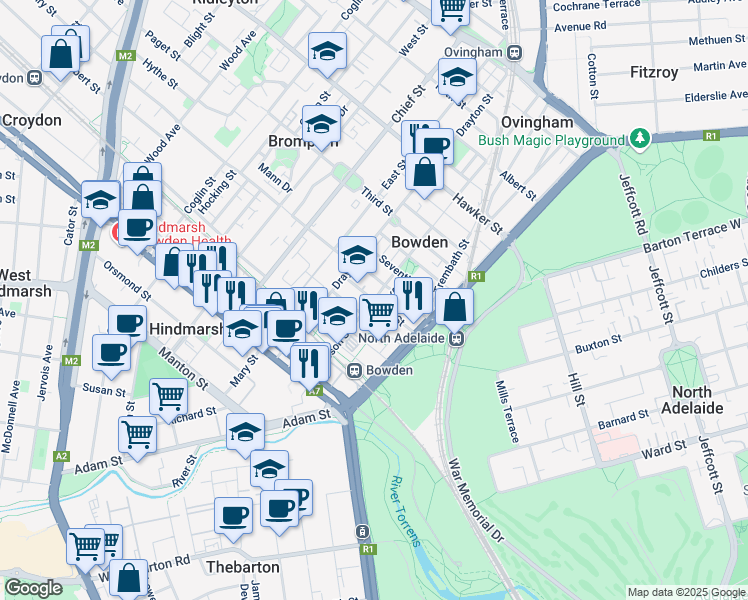 map of restaurants, bars, coffee shops, grocery stores, and more near Fifth Street in Bowden