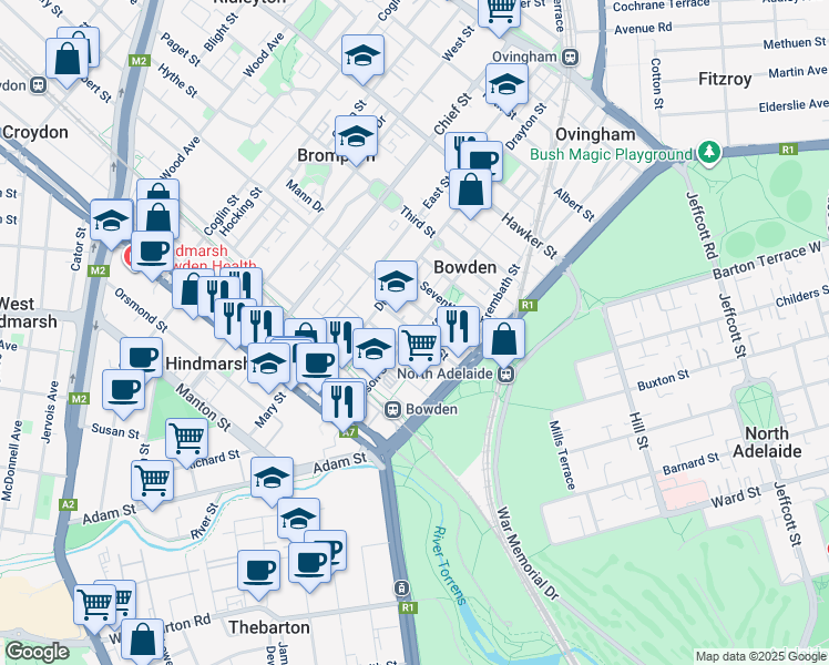 map of restaurants, bars, coffee shops, grocery stores, and more near Fifth Street in Bowden