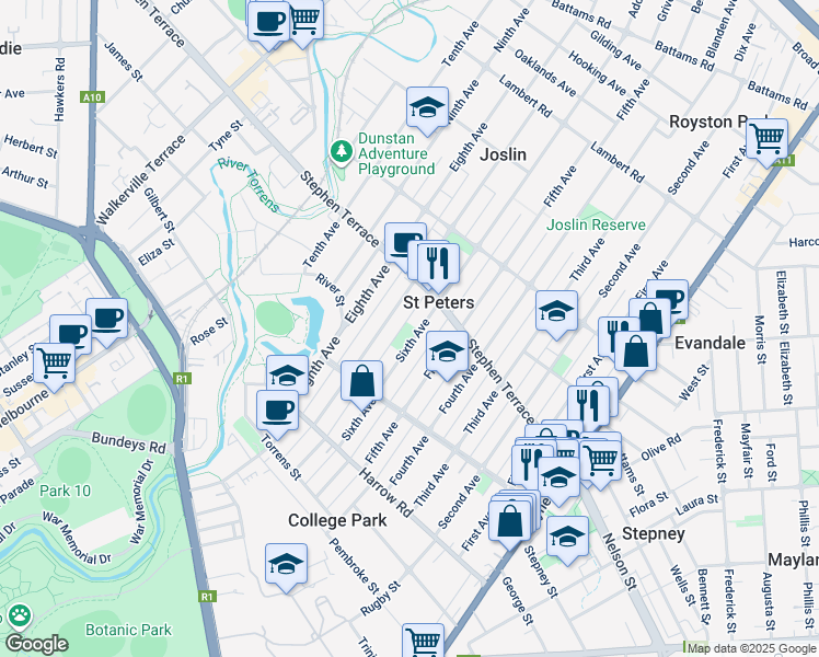 map of restaurants, bars, coffee shops, grocery stores, and more near 50 Sixth Avenue in Saint Peters