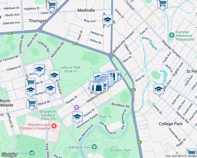map of restaurants, bars, coffee shops, grocery stores, and more near 86 Stanley Street in North Adelaide