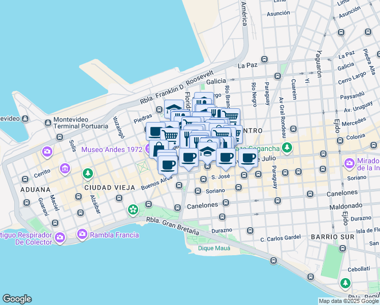 map of restaurants, bars, coffee shops, grocery stores, and more near 753 Plaza Independencia in Montevideo