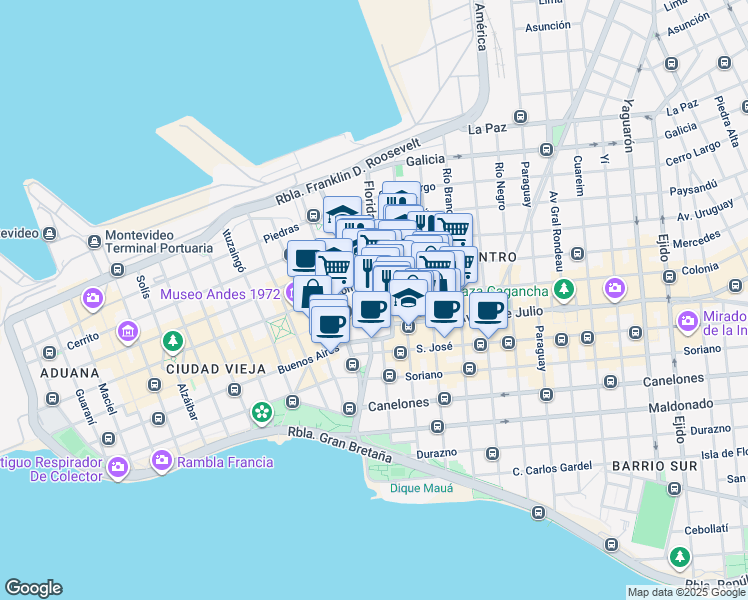 map of restaurants, bars, coffee shops, grocery stores, and more near 753 Plaza Independencia in Montevideo