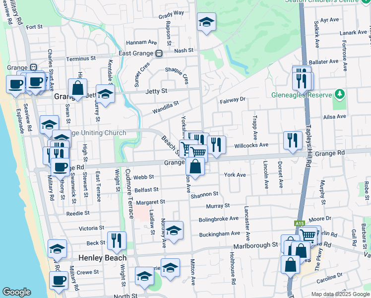 map of restaurants, bars, coffee shops, grocery stores, and more near Sinclair Street in Grange