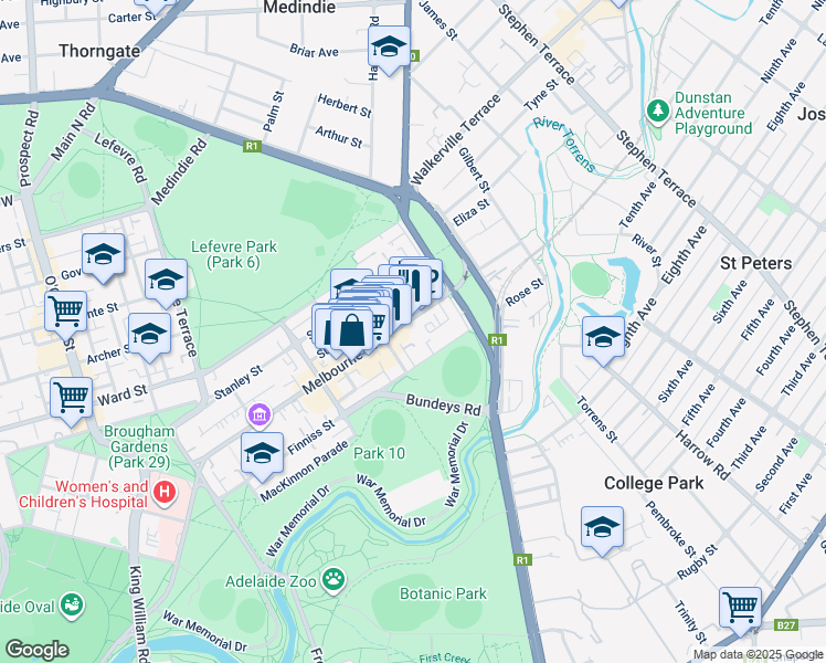 map of restaurants, bars, coffee shops, grocery stores, and more near 55 Melbourne Street in North Adelaide