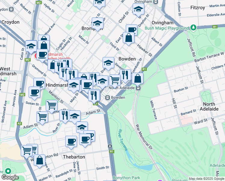 map of restaurants, bars, coffee shops, grocery stores, and more near 50 Third Street in Bowden