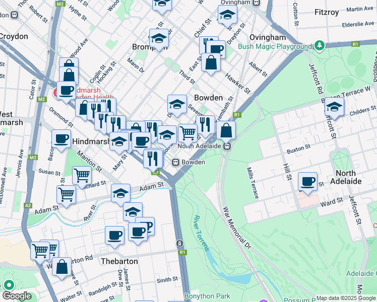 map of restaurants, bars, coffee shops, grocery stores, and more near 6 Park Terrace in Bowden