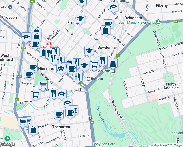 map of restaurants, bars, coffee shops, grocery stores, and more near 4 Third Street in Bowden