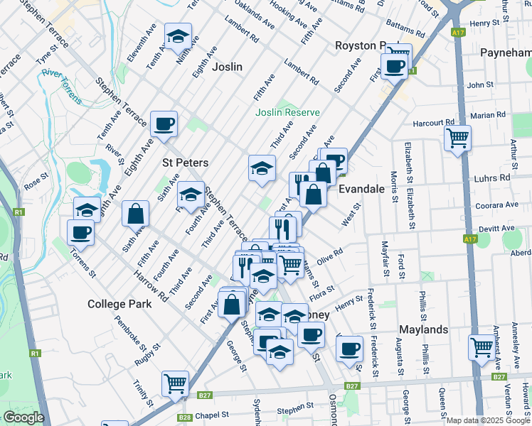map of restaurants, bars, coffee shops, grocery stores, and more near Second Lane in Saint Peters